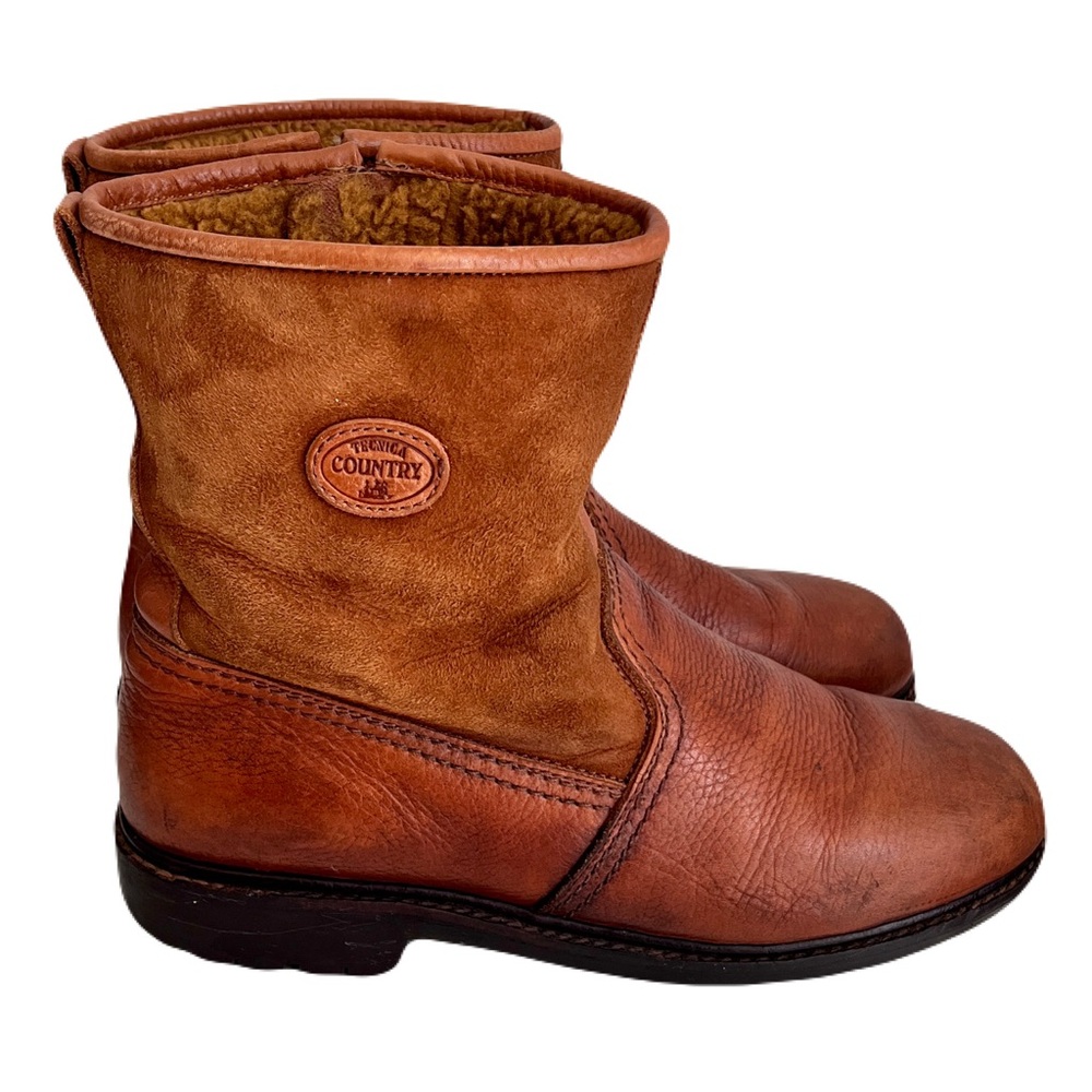 Vintage Tecnica Country Cognac Leather Suede Shearling Lined Boots, Size 44